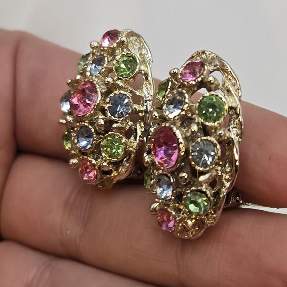 Vintage Pastel Tutti Frutti Crystal Rhinestone Large Bling Clip On Earrings - Picture 3 of 6